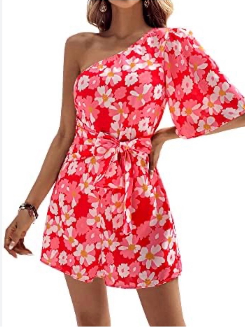 Pink Floral One-Shoulder Romper with Tie Detail